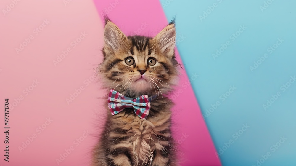 Siberian kitten with a blow tie around his neck on pink and blue background
