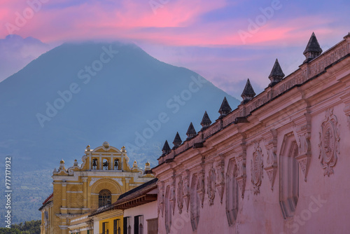 Guatemala, colorful colonial Antigua streets in historic city center Barrio Historico