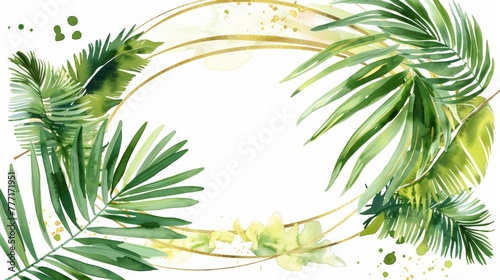Decorative oval frame adorned with gold and green tropical palm leaves and brush strokes in watercolor.