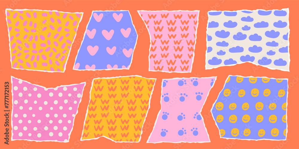 Set of torn papers with funny childish patterns . Bright color palette collage shapes of ripped paper silhouettes. Old vintage paper backgrounds. Abstract pastel scratched design. Vector illustration Set of torn papers with funny childish patterns . Bright color palette collage shapes of ripped paper silhouettes. Old vintage paper backgrounds. Abstract pastel scratched design. Vector illustration