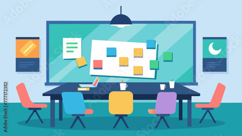 A shot of a conference room with a whiteboard and postit notes illustrating a physical space for collaboration and idea sharing.
