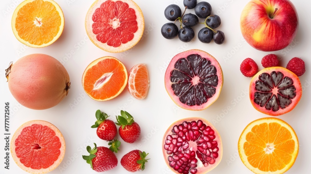 A variety of fruits are arranged on a white surface, AI A variety of fruits are arranged on a white surface, AI