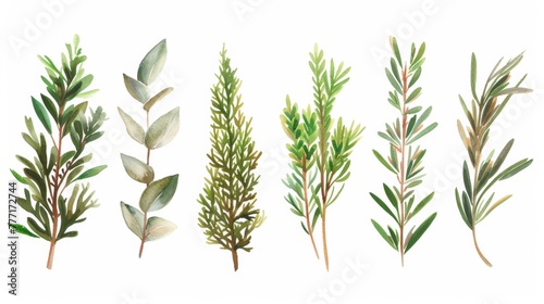 A set of four different types of herbs are shown, AI photo