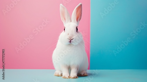 White Rabbit sitting on table on pink and blue background