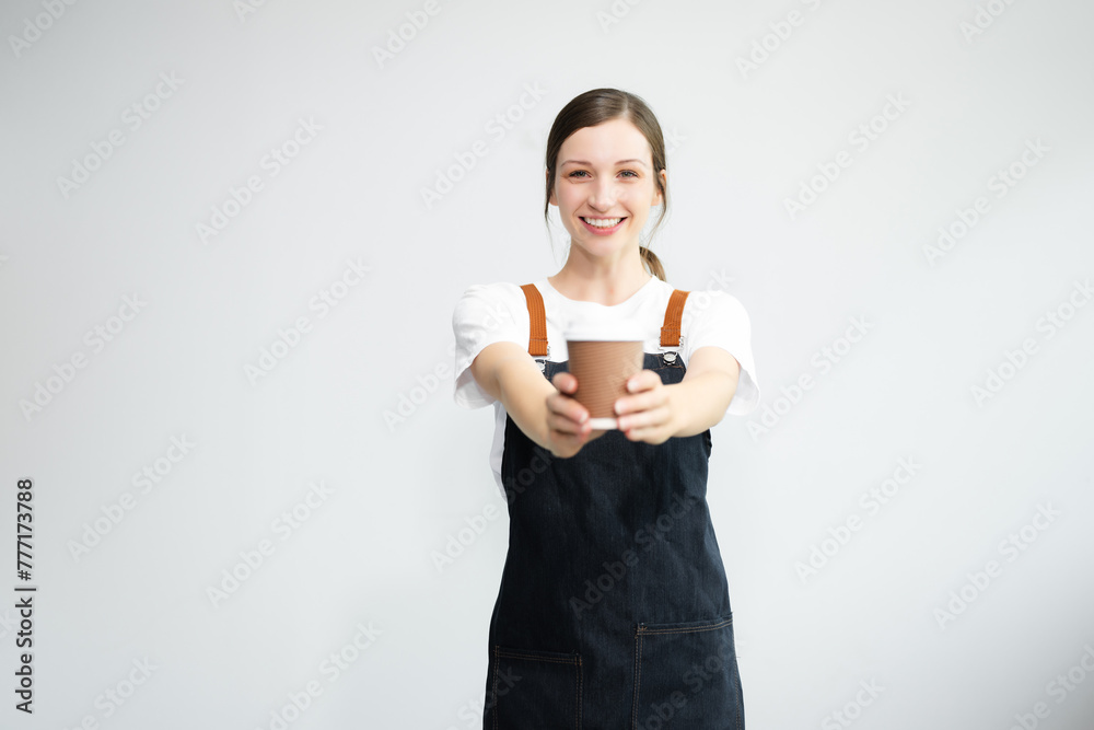 Woman entrepreneur or shop owner. Isolated small business owner or barista with apron on white background. Woman entrepreneur or shop owner. Isolated small business owner or barista with apron on white background.