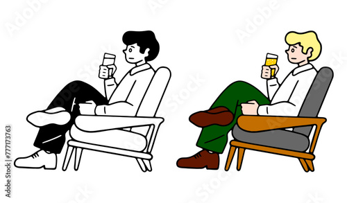 ソファーでビールを飲む男性のイラスト素材