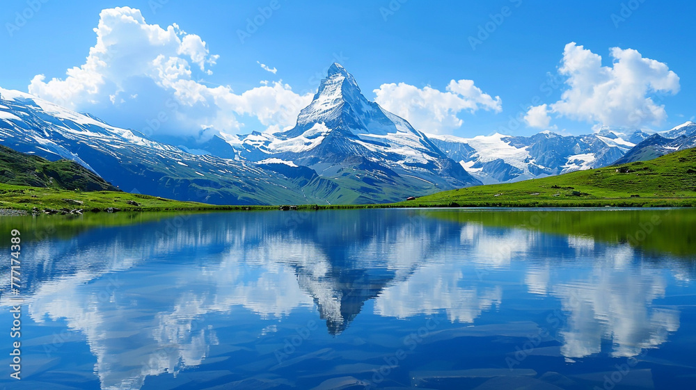 Majestic snow-capped peaks reflecting in a crystal-clear alpine lake.