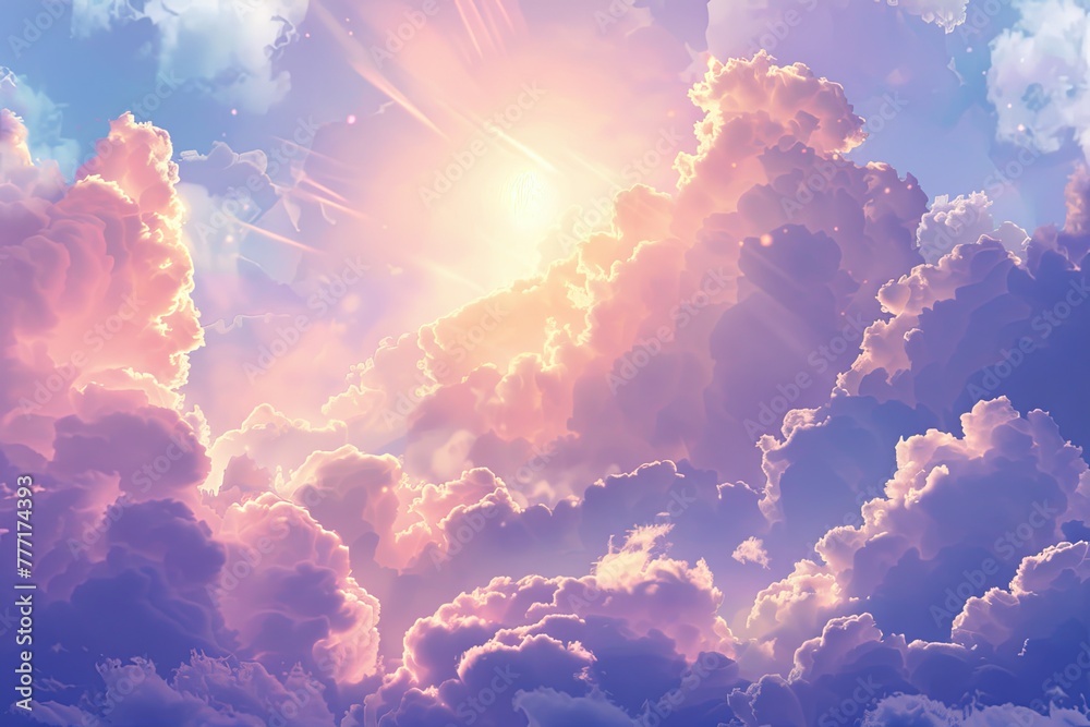fluffy clouds shone with sunlight from above. Sunny sky abstract background, beautiful cloudy landscape, in heaven. generative ai - obrazy, fototapety, plakaty 