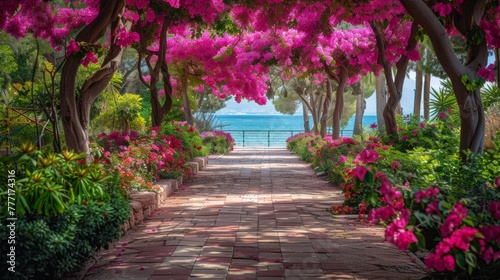 A walkway lined with pink flowers and trees by the ocean, AI