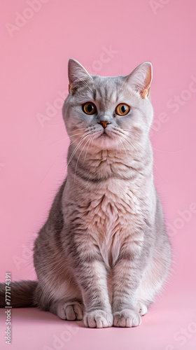 light grey cat sitting and looking to camera, light pink studio background