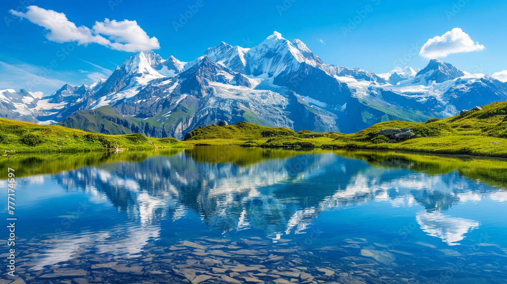 Majestic snow-capped peaks reflecting in a crystal-clear alpine lake.