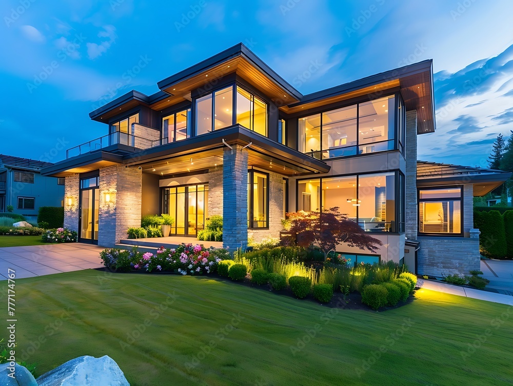 Beautiful luxury home exterior at blue hour with grass and wildflowers in the yard, 