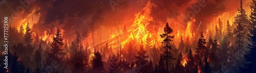 A devastating wildfire rages through a dense forest with fierce flames engulfing the trees