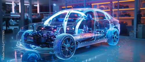 A holographic display presents the intricate internal mechanics of an electric vehicle. photo