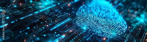 A glowing blue fingerprint on a digital interface