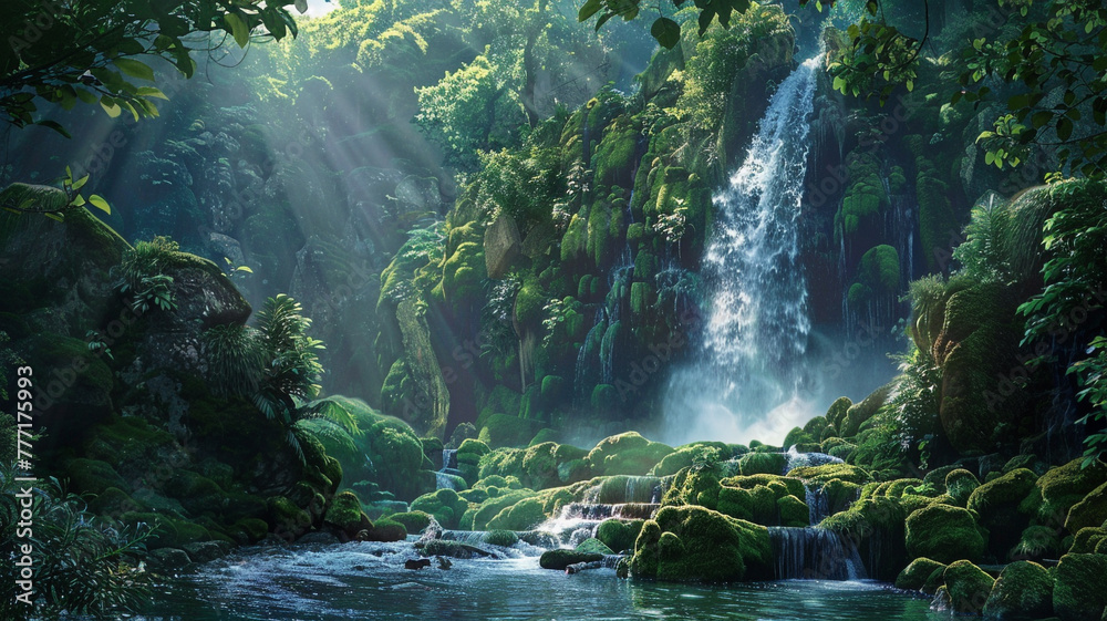 Majestic waterfall surrounded by lush greenery and moss-covered rocks.