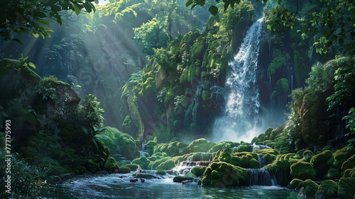 Majestic waterfall surrounded by lush greenery and moss-covered rocks. © CREATER CENTER