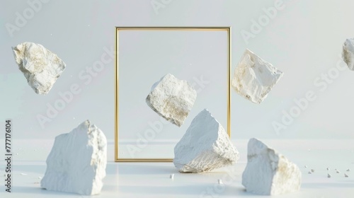 Rendering, abstract white background with levitating chalk stones rocks with golden square frame, minimalist aesthetic wallpaper