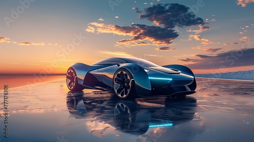 Futuristic blue concept sports car showcasing a sleek design and aerodynamics at sunset. photo