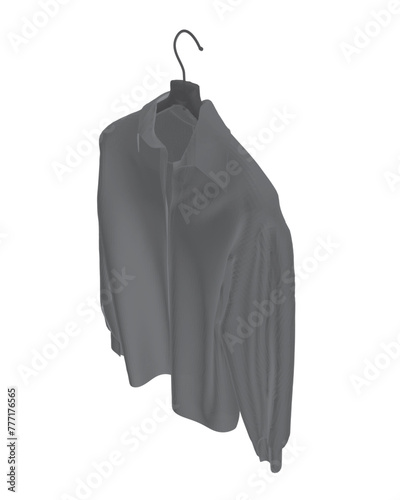 Black polygonal formal shirt with button down collar isolated on white. Long sleeved shirt hanging on a hanger made isolated on a white background. Vector illustration. 3D. Isometric view.