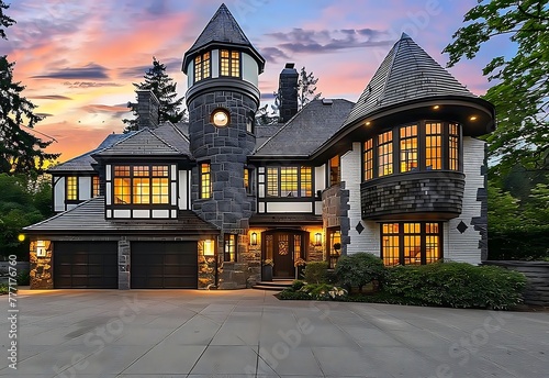 Beautiful luxury home exterior at sunset with a large driveway and garage, showcasing the front of an elegant two story modern mansion in dark grey stone and white brick photo