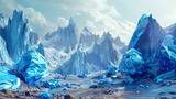 Blue rocks and mountains make up a fantastic virtual landscape. This is a 3D render.