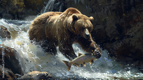 Mighty grizzly bear catching salmon in a roaring river.