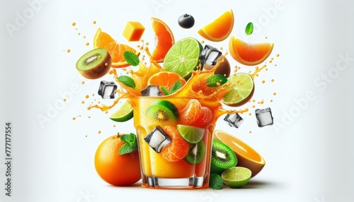 Bright tropical fruits fall into a glass with juice and drops of condensation, forming splashes, isolated. A refreshing vitamin summer drink in the heat.