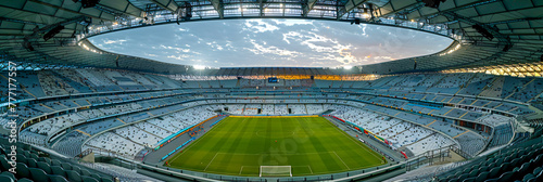 Empty soccer stadium at dusk, anticipation of the match, sports and architecture photo