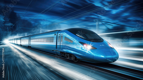 Shinkansen, Train station with motion blur effect, light trails, blue high speed bullet train on the railway station and colorful sky with clouds at sunset 