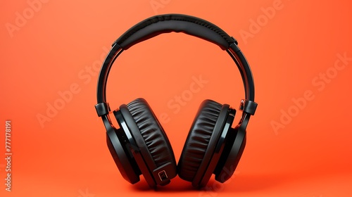 pair of black wireless full size headphones upside down on an orange background