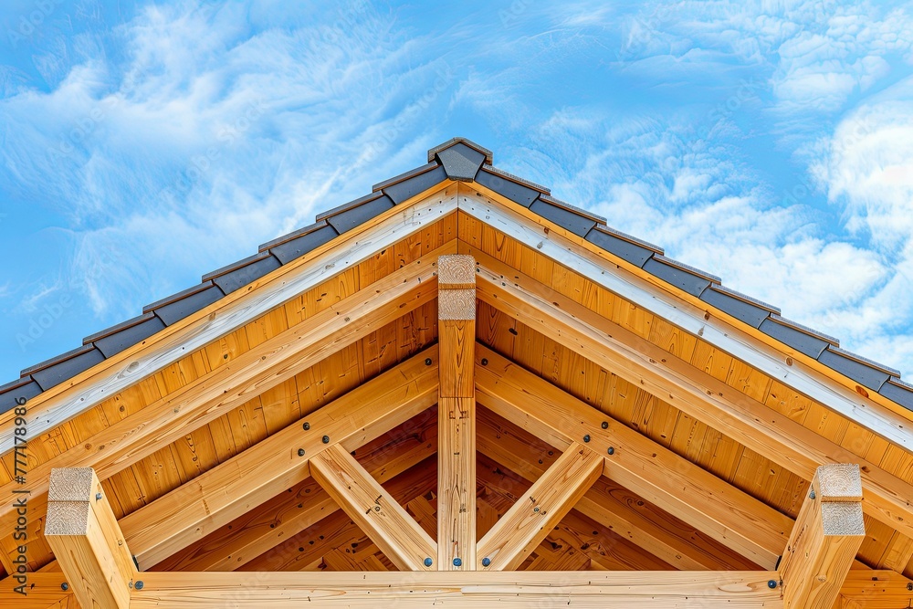 Obraz premium Close-up of roof gables. built house for construction and blue sky. New roof construction with timber truss, post and beam frame. generative ai