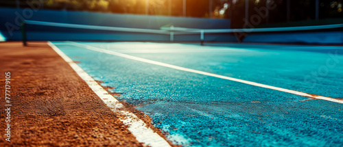 Close-up of tennis court, stadion, arena. Sport lifestyle background. Copy space. Mockup or banner for professional sports competitions.Generative ai 