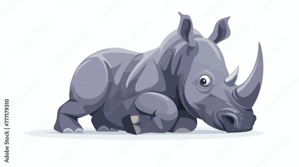 Cartoon funny rhino sitting on white background flat