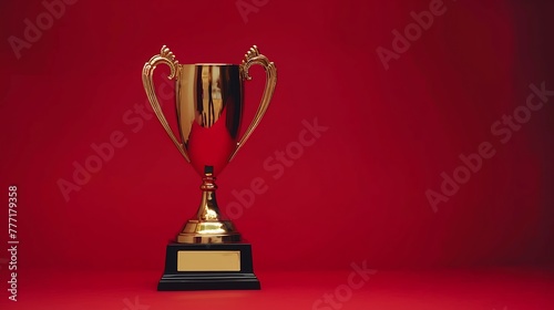 a gold winning trophy on a red background