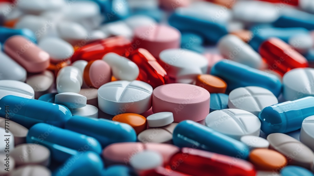A pile of pills and capsules are scattered on a table, AI A pile of pills and capsules are scattered on a table, AI