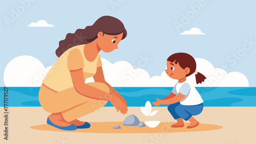A mother kneels down beside her child at the beach pointing out various seashells and explaining their unique characteristics encouraging her