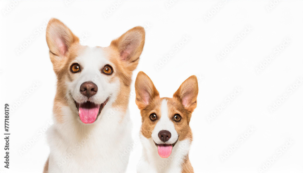 dogs peeking over white edge. Web banner. Cute pets. White background.