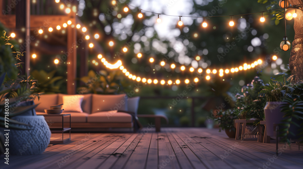 Cozy Outdoor Patio Lights, Warm Evening Ambiance, Nature-Inspired with Copy Space – Wide Image