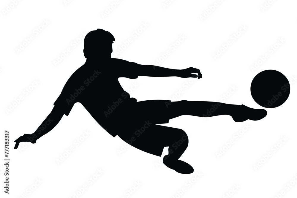 Isolated boy silhouette of a school football player jumps to hit the ball