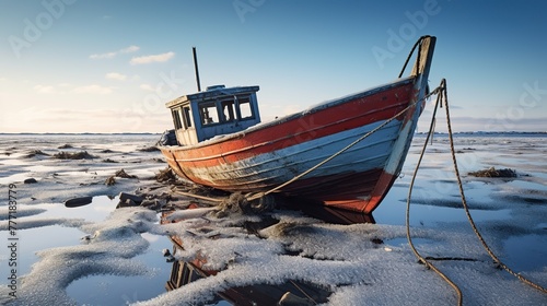 Fishing boat on the beach at low tide with ice and snow