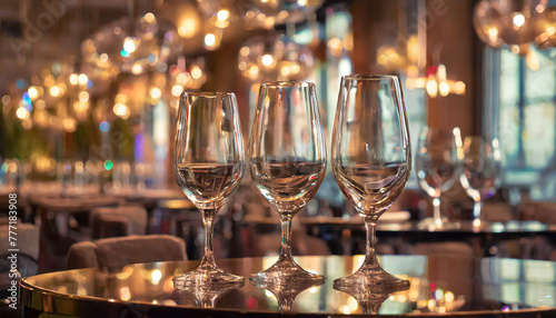 a close up of a plate of food on a table with a wine glass and wine bottle in the background.