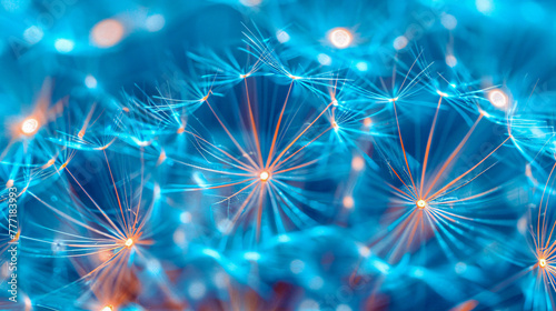 Ethereal blue dandelion macro, abstract network of seeds and light #777183993