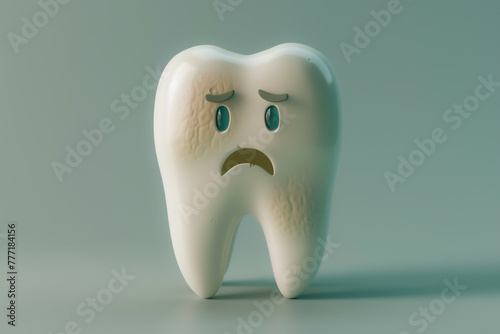 A 3D render, a single, anthropomorphized sad tooth against a simplistic background.