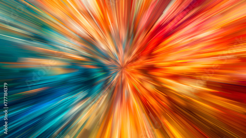 Abstract surface of radial blur zoom in blue, pink, green and orange tones. Blurred multicolored background with radial, diverging, converging lines ,Bands of color receding to a small point photo