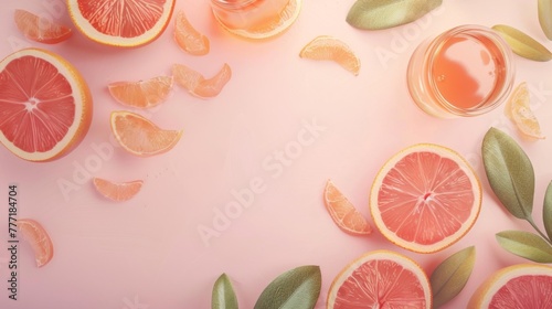 Sliced grapefruits and whole oranges lay artfully arranged with a bottle of essential oil
