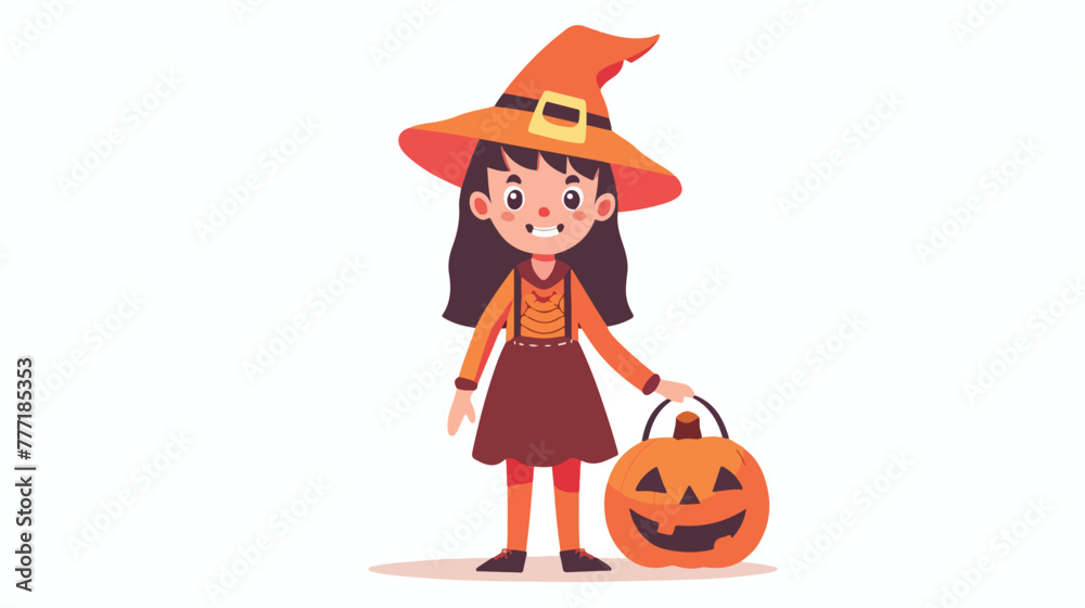 Cartoon girl wearing halloween pumpkin costume holdin