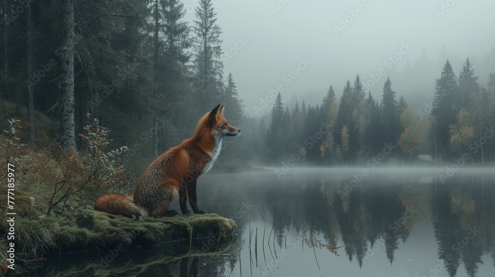 Fototapeta premium A fox sitting on a rock in front of the water, AI