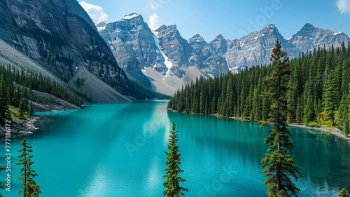 Pristine turquoise lake surrounded by towering evergreen trees and rugged mountains.