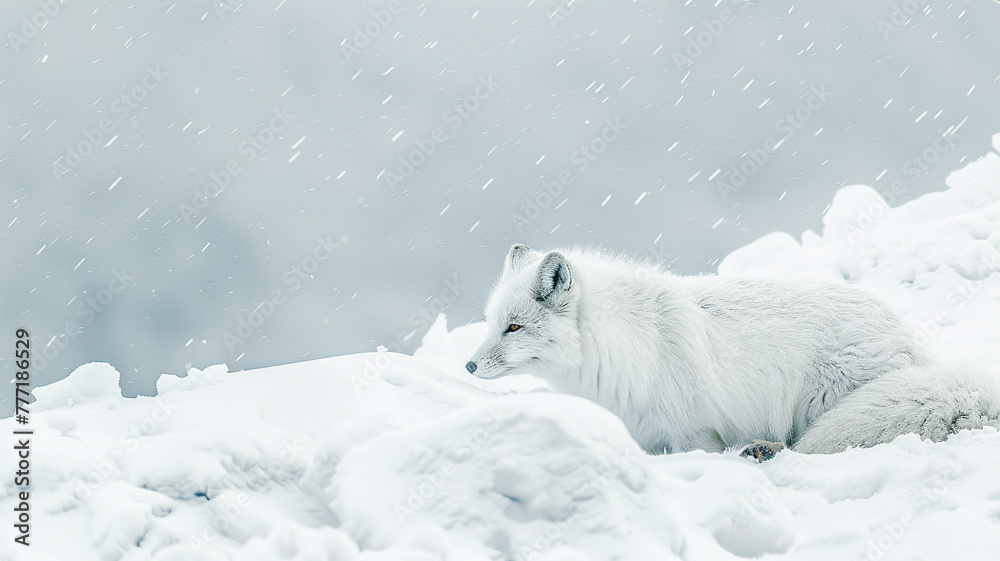 Pristine white Arctic fox camouflaged in the snow.